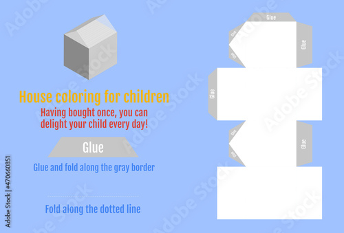 Vector illustration for drawing. Model for cutting and coloring a Christmas house from paper.