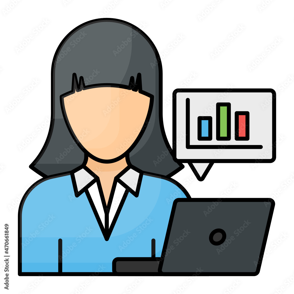Digital Marketing Specialists Concept, Girl with PC and Graph Vector Color Icon Design, Software and web development symbol on white background, Computer Programming and Coding stock illustration