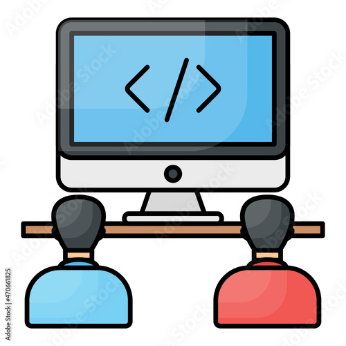 Two persons looking and code on monitor. Pair programming Concept, Agile Methodologies Vector Color Icon Design, Software and web development symbol, Computer Programming and Coding st