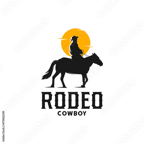 Rodeo retro logo with cowboy horse rider silhouette
