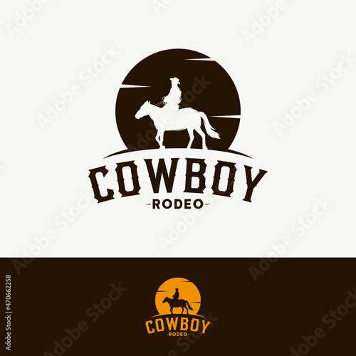 Rodeo retro logo with cowboy horse rider silhouette