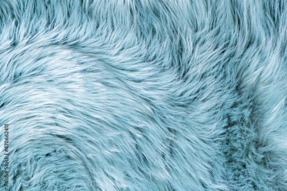 Trendy artificial fur texture. Fur pattern top view. Blue fur background. Texture of blue shaggy fur. Wool texture. Flaffy sheepskin close up