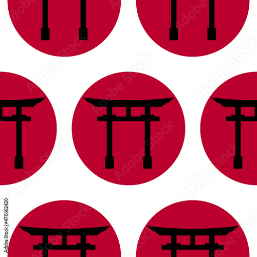 Torii gate sign. Seamless pattern with Japanese traditional gate on sunset background. Symbol of Japanese Shinto religion. Oriental asian design for print on fabric, wrapping paper, wallpaper. Vector
