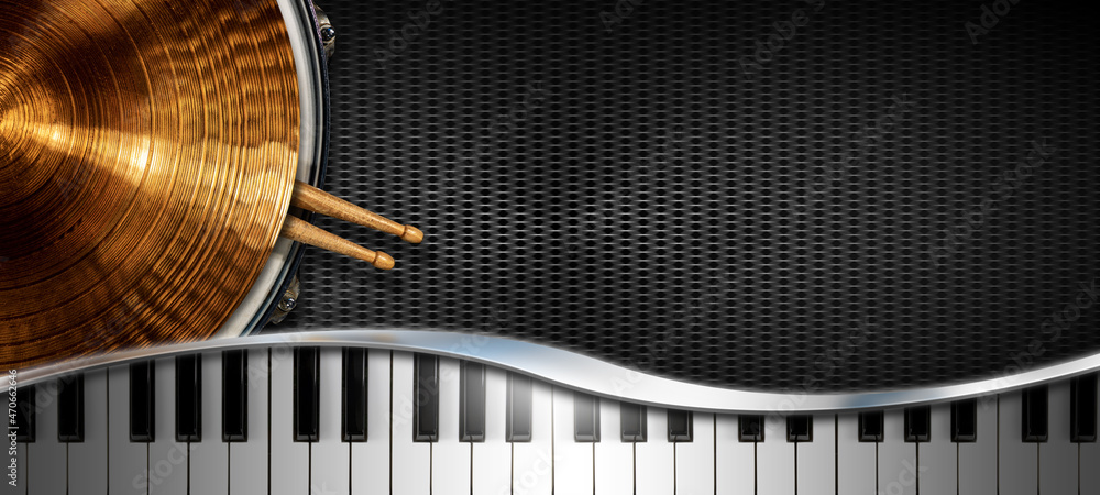 Musical instruments background on black background with copy space, golden  cymbal on a snare drum with two wooden drumsticks and a piano keyboard with  reflections. Stock Photo | Adobe Stock