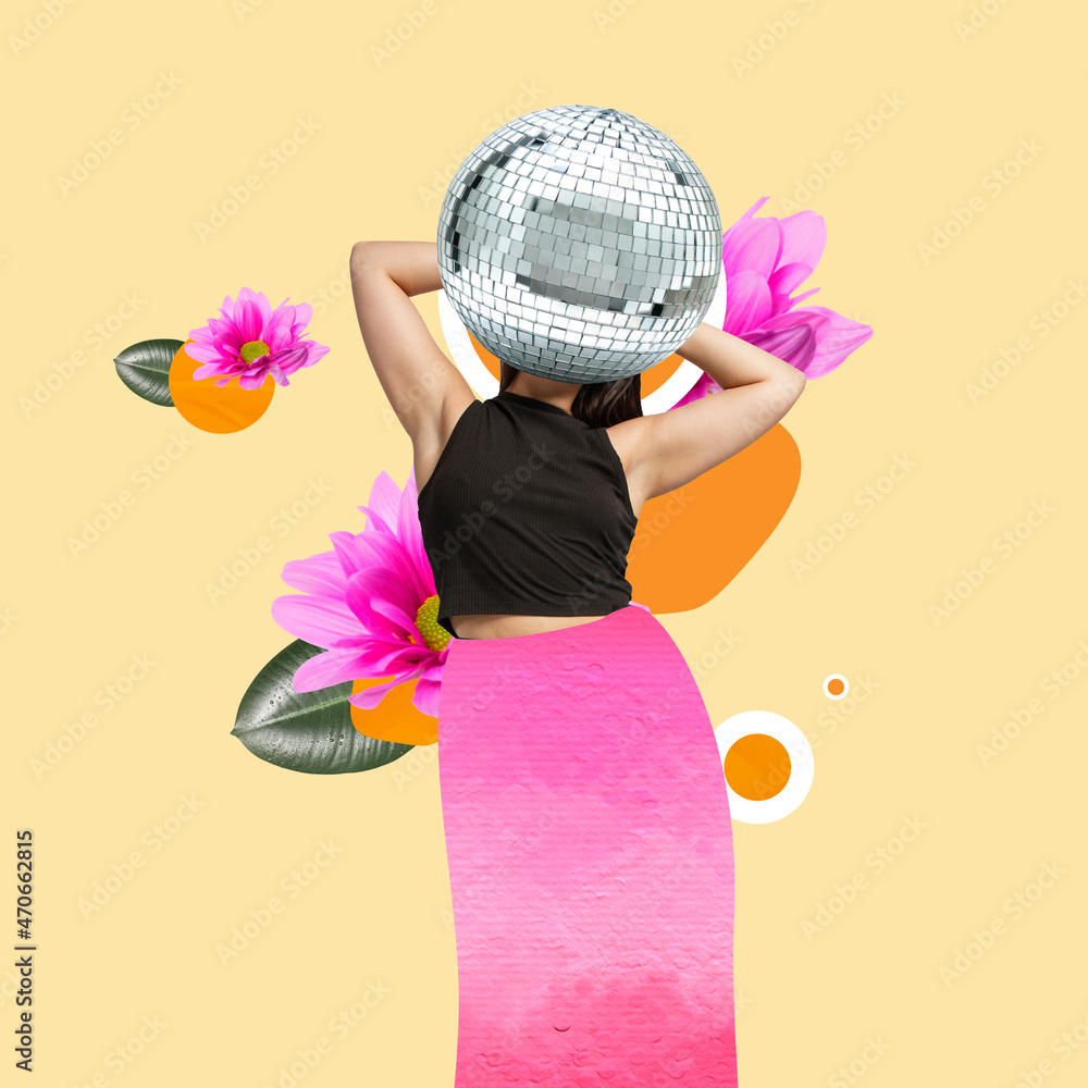 Contemporary art collage of woman with disco ball head isolated over yellow  background with floral design. Music lifestyle Photos | Adobe Stock