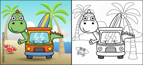 Coloring book or page of dinosaur cartoon on car carrying surfboard in the beach with little crab