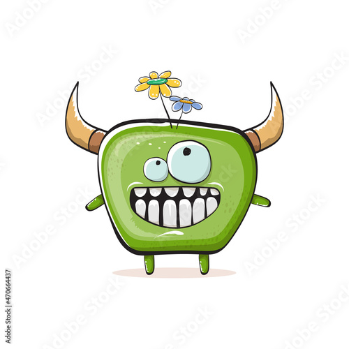 Vector cartoon funky green monster with horn isolated on white background. Smiling silly green monster print sticker design template. Ghost, troll, gremlin, goblin, devil and monster