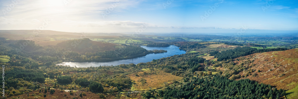View from Sharpitor to Burrator Reservoir in Dartmoor National Park in Devon in England in Europe