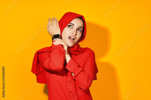 arab woman electronic clock entertainment technology isolated background