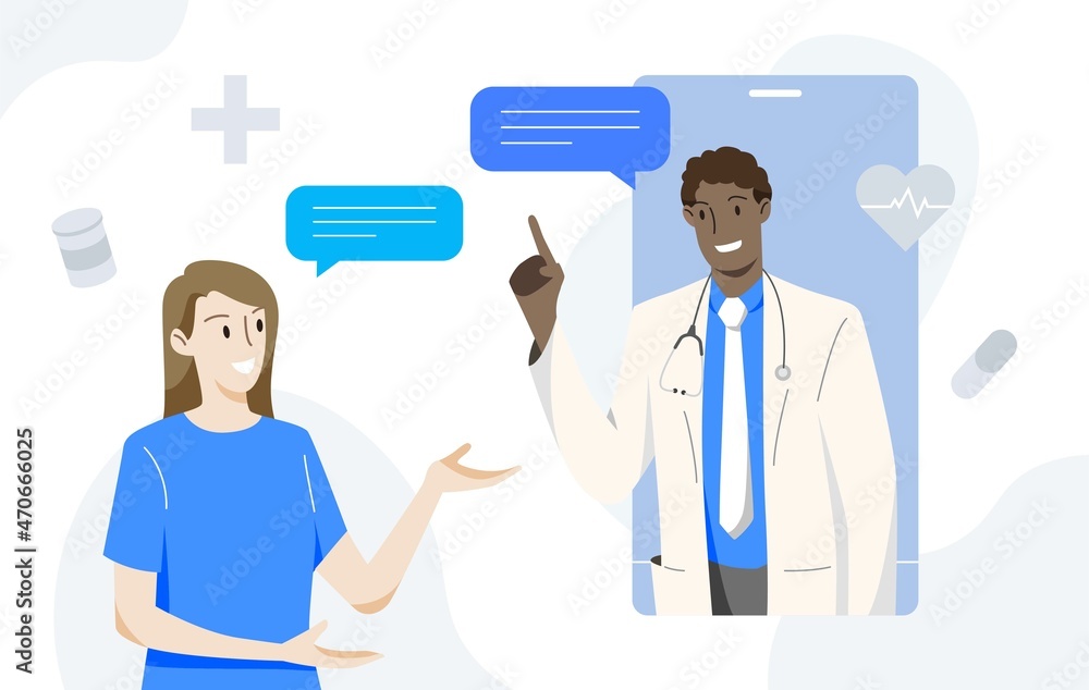 African male doctor consulting female patients online via mobile phone. Healthcare and medical concept. Hand draw style. Vector illustration. African male doctor consulting female patients online via mobile phone. Healthcare and medical concept. Hand draw style. Vector illustration.