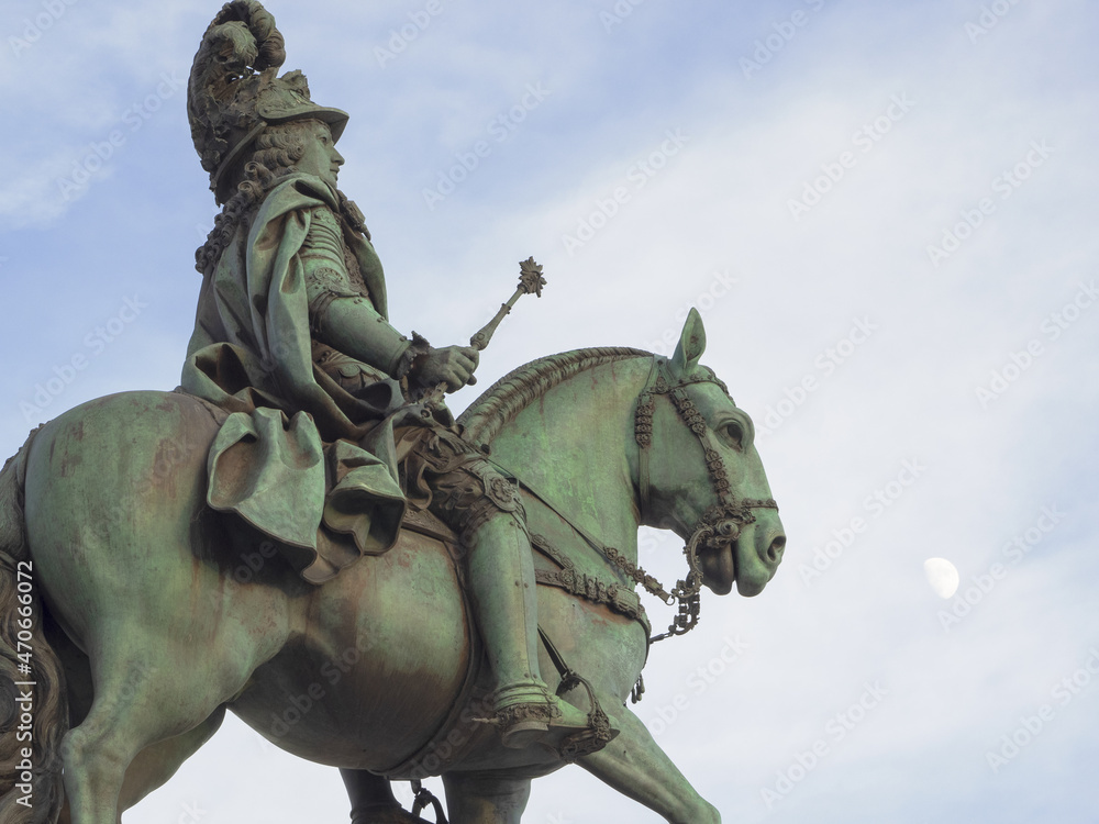 close up of the bronze equestrian statue of King John 1st in Figueira Square, Lisbon, Portugal.