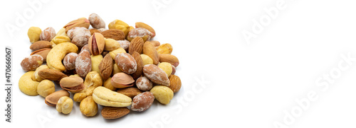 Mixed nuts isolated on white background. Snack fresh nuts. close up. Empty space for text. Copy space