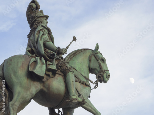 close up of the bronze equestrian statue of King John 1st in Figueira Square, Lisbon, Portugal.