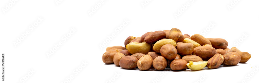 Peanuts isolated on white background. Snack nuts. close-up. Empty space for text. Copy space Peanuts isolated on white background. Snack nuts. close-up. Empty space for text. Copy space