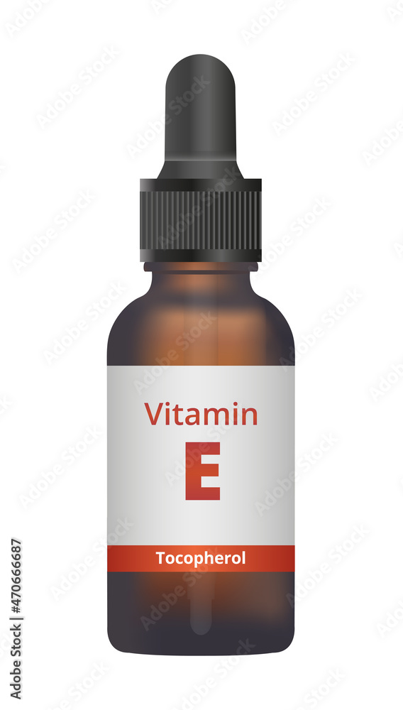 Vector illustration or icon of an amber glass dropper bottle with liquid vitamin E isolated on white. Vitamin E drops. Liquid drops, dietary supplement. Tocopherol, tocotrienol, antioxidant. Vector illustration or icon of an amber glass dropper bottle with liquid vitamin E isolated on white. Vitamin E drops. Liquid drops, dietary supplement. Tocopherol, tocotrienol, antioxidant.