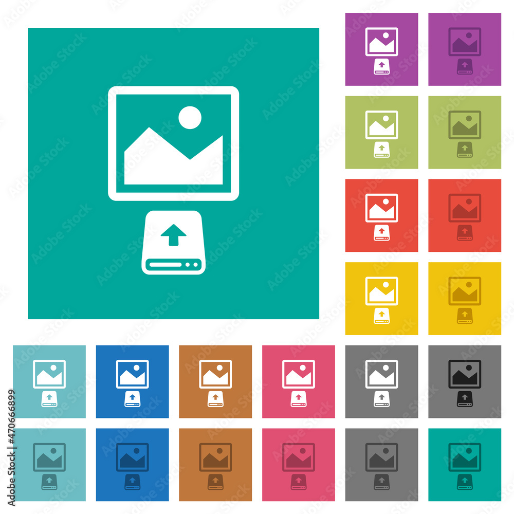 Upload image from hard disk square flat multi colored icons Upload image from hard disk square flat multi colored icons