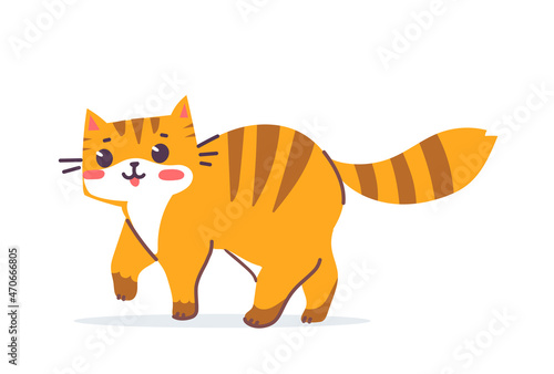 Fototapeta Naklejka Na Ścianę i Meble -  Vector illustration of happy cute striped red cat character on white color background. Flat line art style design of walking animal tiger cat. Symbol of New Year 2022