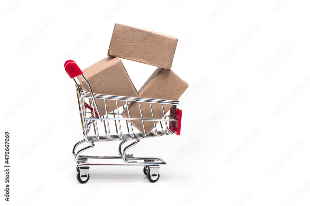 packages in shopping cart concept online shopping