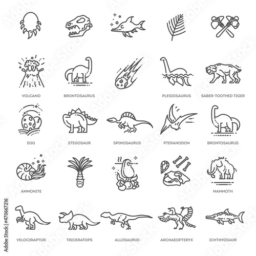 Set of modern vector plain line design icons and pictogram of dinosaurs species, prehistoric age life