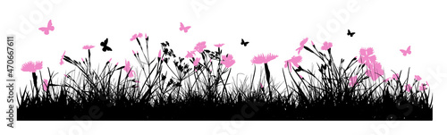 Silhouette of black grass and pink flowers. Beautiful meadow with flying butterflies. Vector illustration