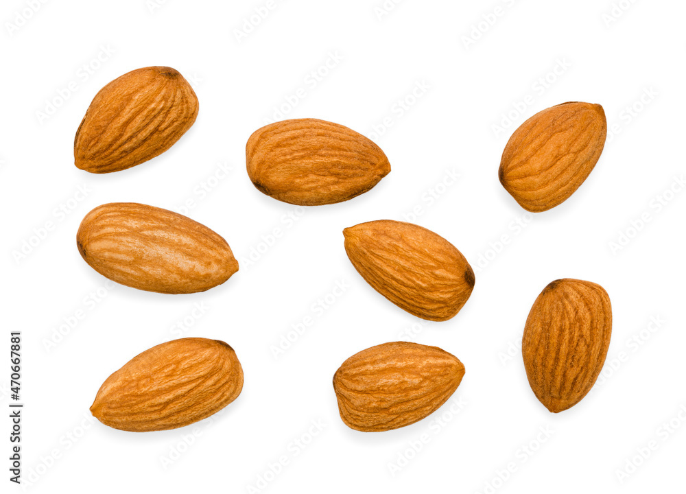Almonds isolated on white background. Top view. Almonds isolated on white background. Top view.