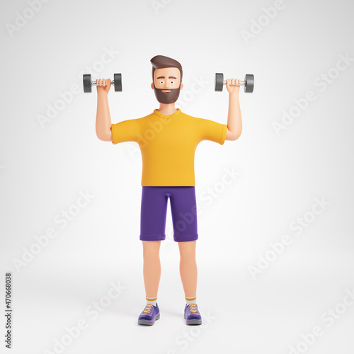 Cartoon beard character man yellow t-shirt and purple shorts does exercises with dumbbells isolated over white background. © Foxstudio