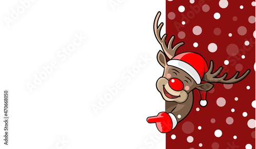 Christmas reindeer cartoon character peeking around and pointing towards an empty area.