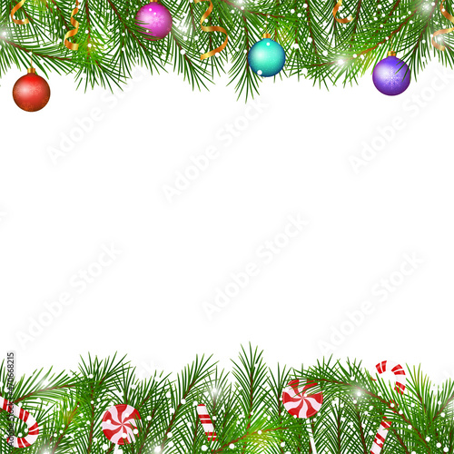 New year festive background with fir branches, balls and lollipops