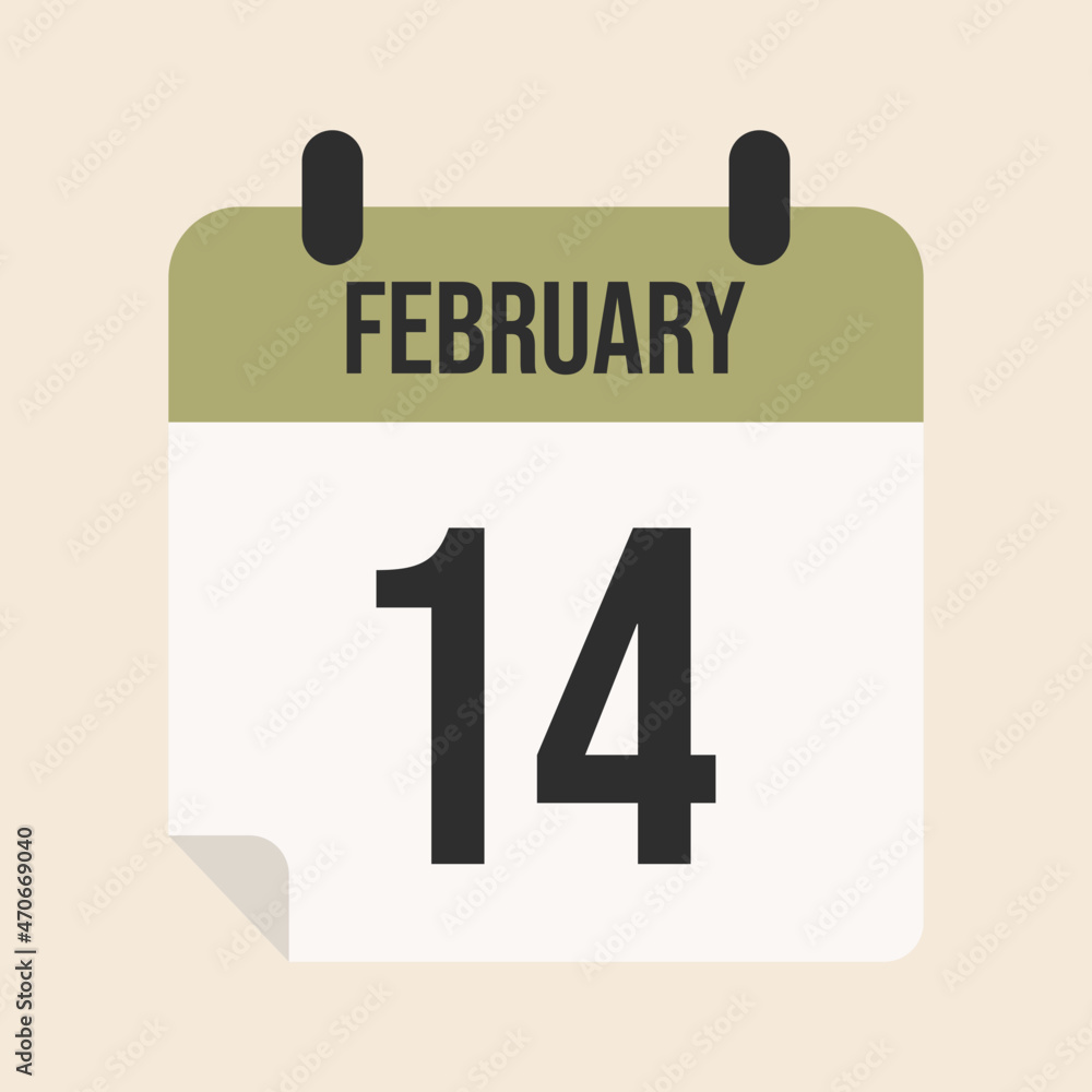 February 14 calendar page, white and green page, day and month February 14 calendar page, white and green page, day and month