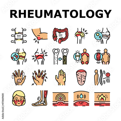 Rheumatology Disease Problem Icons Set Vector. Ankylosing Spondylitis And Polymyalgia Rheumatica, Polymyositis Muscle And Osteoporosis Bone Ill, Rheaumatology Treatment Line. Color Illustrations