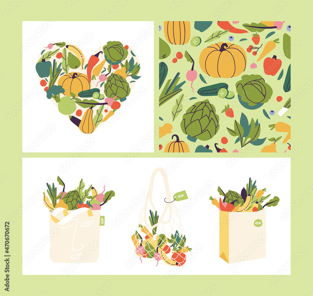 Vector illustration set of banners with vegetables. Compostion with natural vegetables and organic fruits. Bags full of food from local market or grocery. Vector illustration set of banners with vegetables. Compostion with natural vegetables and organic fruits. Bags full of food from local market or grocery.