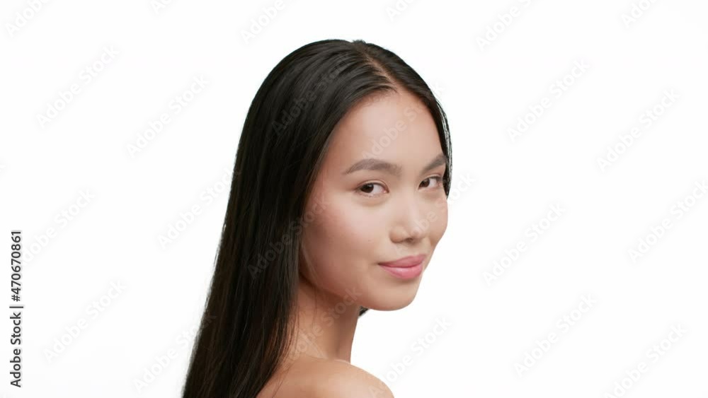 Portrait Of Attractive Asian Lady With Brunette Hair, White Background Portrait Of Attractive Asian Lady With Brunette Hair, White Background