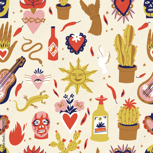 Vector illustration set of mexican culture symbols with traditional objects catholic religion symbolic. Seamless pattern.