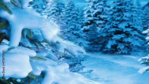 Christmas and New Year Background. Night Magic Snowy Forest and Blue Sky with Stars and Bright Moon. Starry Christmas Night in the Village. Moving Forward. Depth of Field. 3d Animation