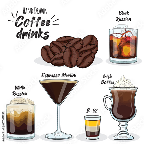 Coffee Cocktails Set White Russian Espresso Martini B52 Black Russian and Irish Coffee Drinks