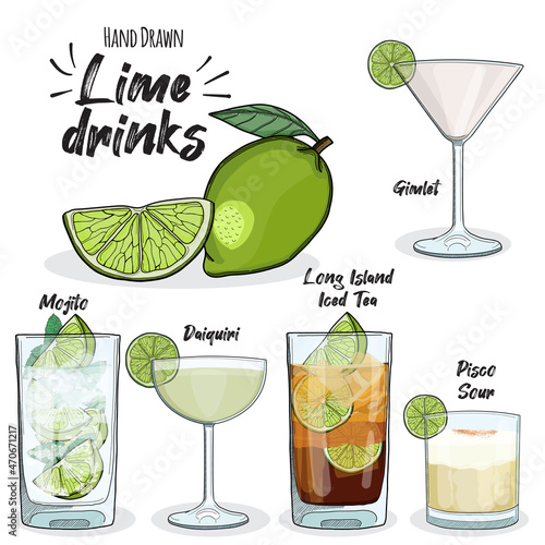 Lime Drinks Set Long Island Iced Tea Mojito Daiquiri Gimlet Pisco Sour