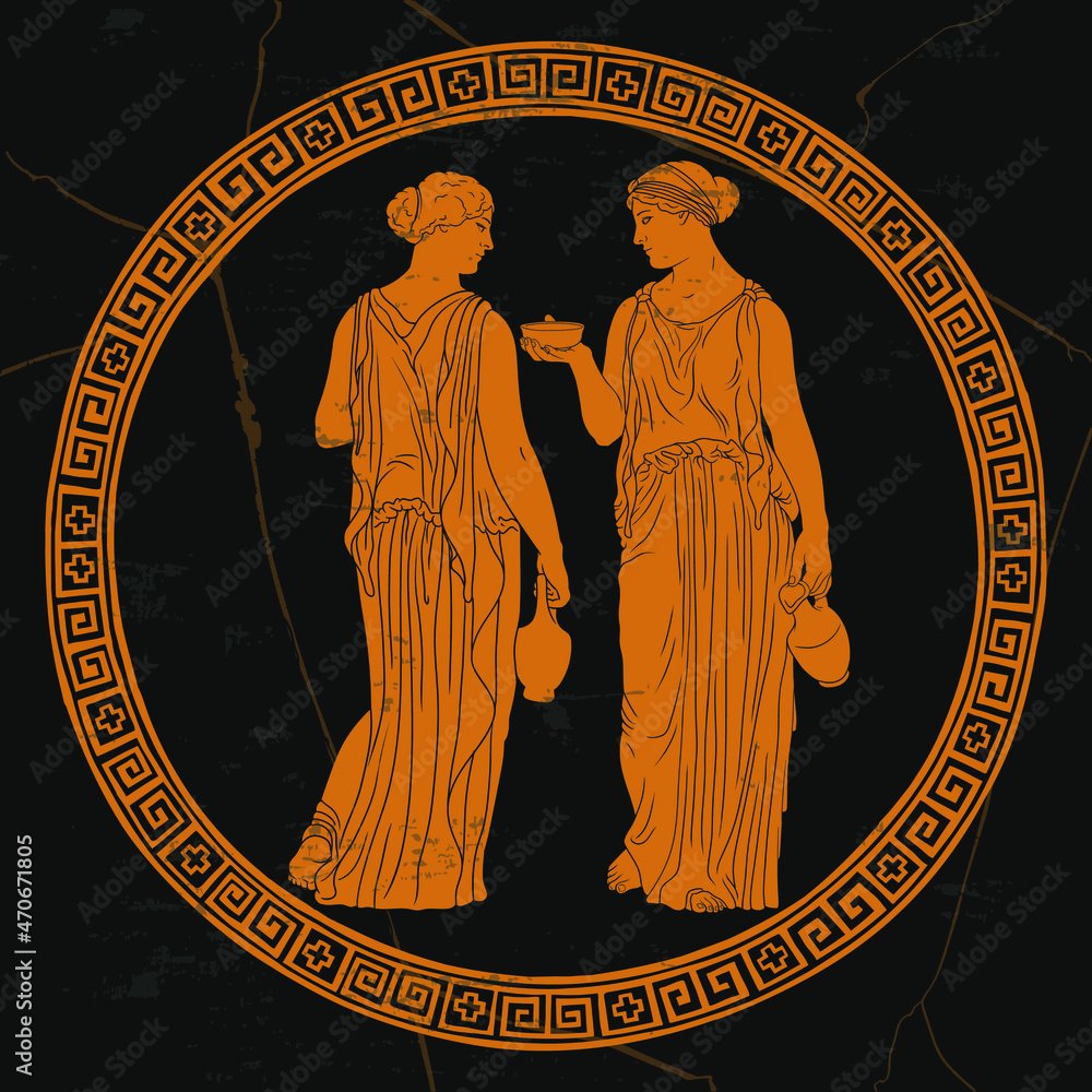 Fototapeta premium Two young slender ancient Greek women in jugs are standing and talking. Drawing on the bottom of an antique dish
