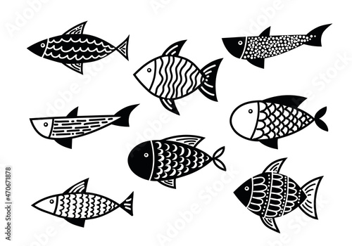 Hand drawn Vector Fish Set drawing in doodle style. Hand drawn Sketch with carp silhouettes. Black Outline on white background. Ocean and sea underwater life. Graphic for icon or logo