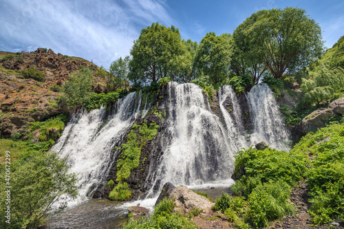 Majestic Shaki Waterfall in Syunik province in Armenia. Peaceful scenery and outdoor journey concept