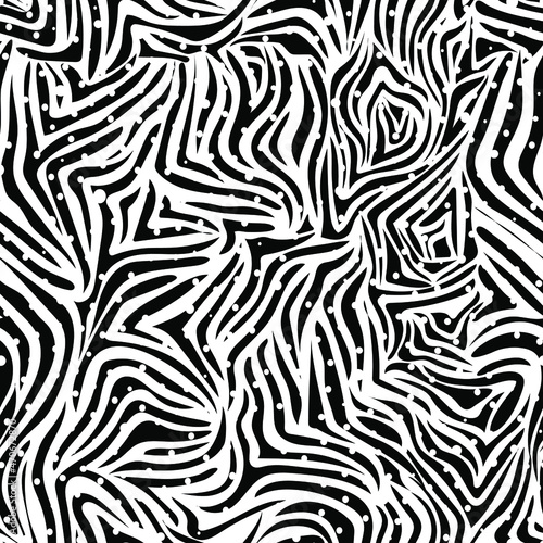 Black and white zebra skin. Seamless pattern with stripes for trendy textured fabrics, paper products. Trendy tiger background in flat style. Vector.