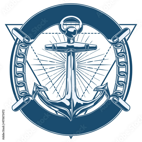 Monochrome iron anchor with chains and ribbons sign - decorative nautical emblem 