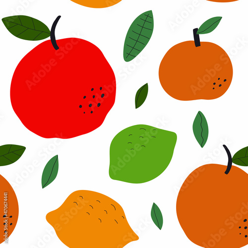 Vegetarian healthy diet for healthy concept. Colorful seamless pattern with citrus and leaves. Flat vector illustration with lemons, oranges, limes, grapefruits and mandarins.
