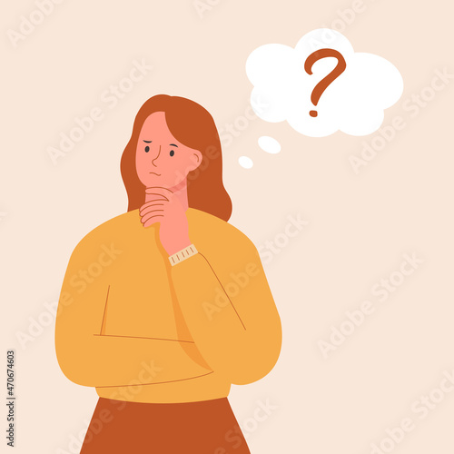 Thinking woman flat vector illustration. Young girl and thought bubble with question. Female character holding her chin and standing in thoughtful pose