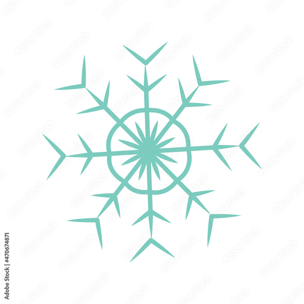 Blue simple Snowflake. Colorful vector flat illustration isolated. For greeting card, invitation, print or tattoo. Winter season, Christmas holiday