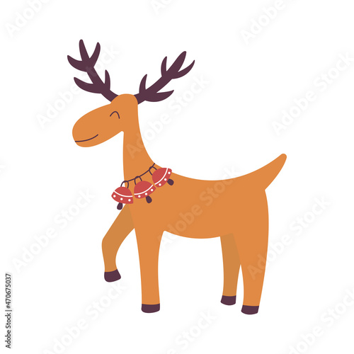 Christmas deer with red bells on the neck. Merry christmas  funny animal. Good New Year spirit. Colorful vector illustration hand drawn isolated