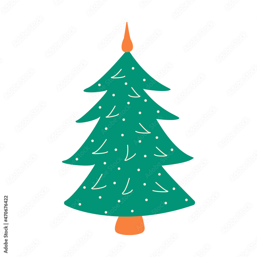 Obraz premium Simple Christmas tree with snow. Holiday card. Colorful hand drawn vector illustration isolated. Merry Christmas and Happy New Year. Festive winter season