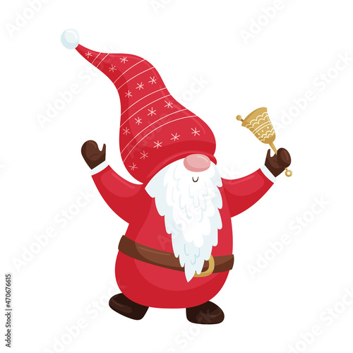 A Christmas gnome with a beard in a red cap holds a bell in his hands. New Year's cute cartoon character isolated on a white background.