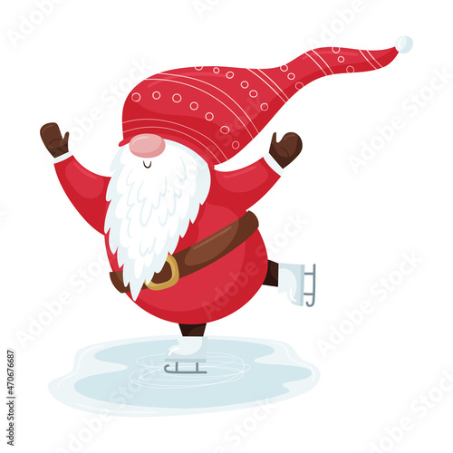 A Christmas gnome with a beard in a red hat is skating on a skating rink. New Year's cute cartoon character isolated on a white background.