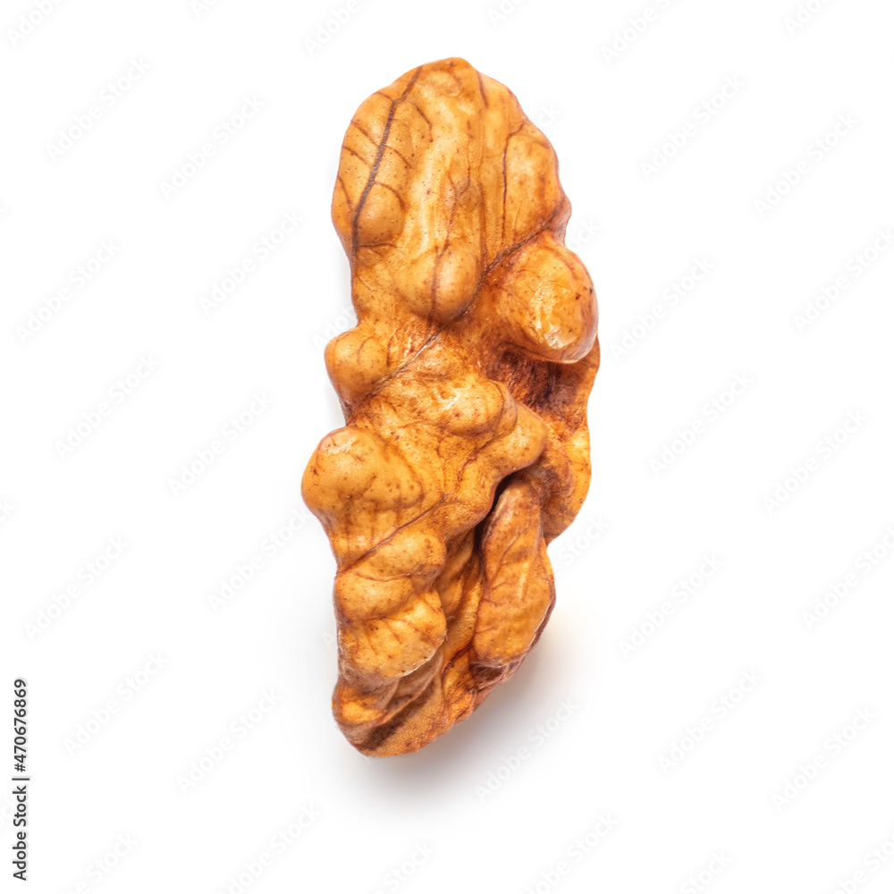 Walnut Isolated. Peeled walnut on white background. Top view. Flat lay. Walnut Isolated. Peeled walnut on white background. Top view. Flat lay.