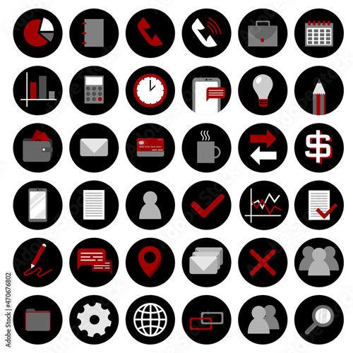 set of icons for business in red and black colors